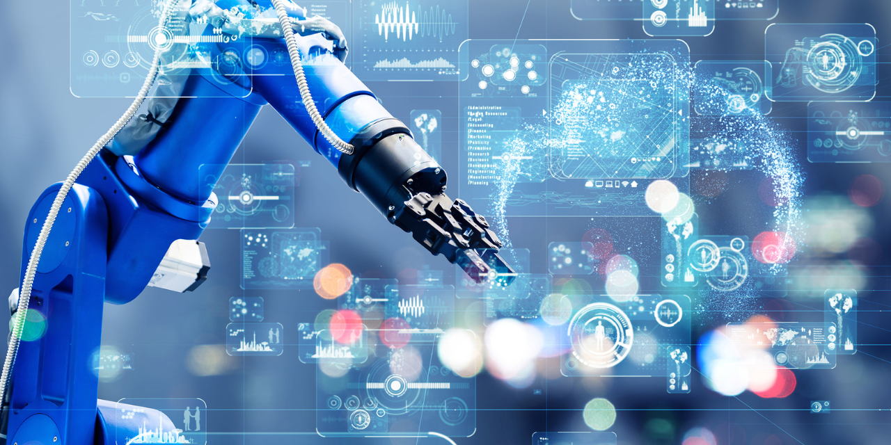 Blue robotic arm with technology graphics overlaid on the image