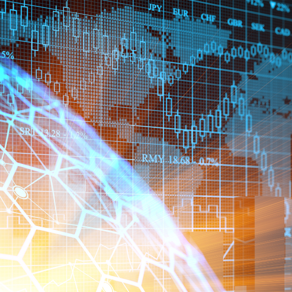 Globe outline with a background of financial graphs