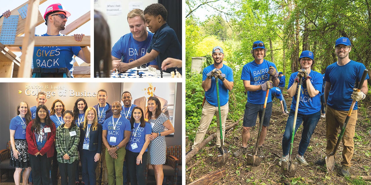Collage of Baird associates volunteering in various settings