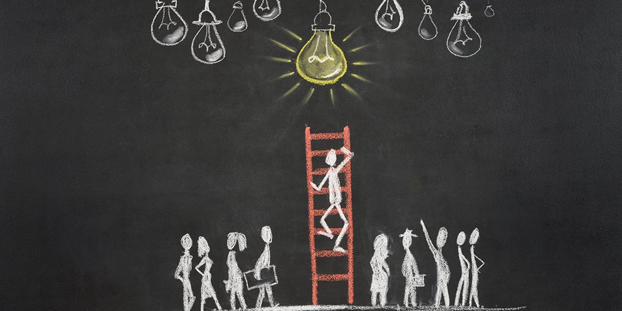 Chalk drawing of a stick figure climbing a ladder toward lightbults while other stick figures look on,