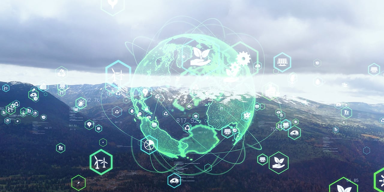 Glob image laid over an arial view of a canyon.