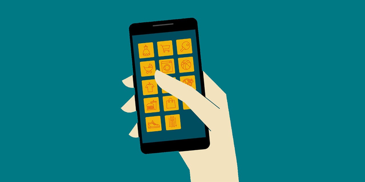 Illustration of hand holding a cell phone containing image icons